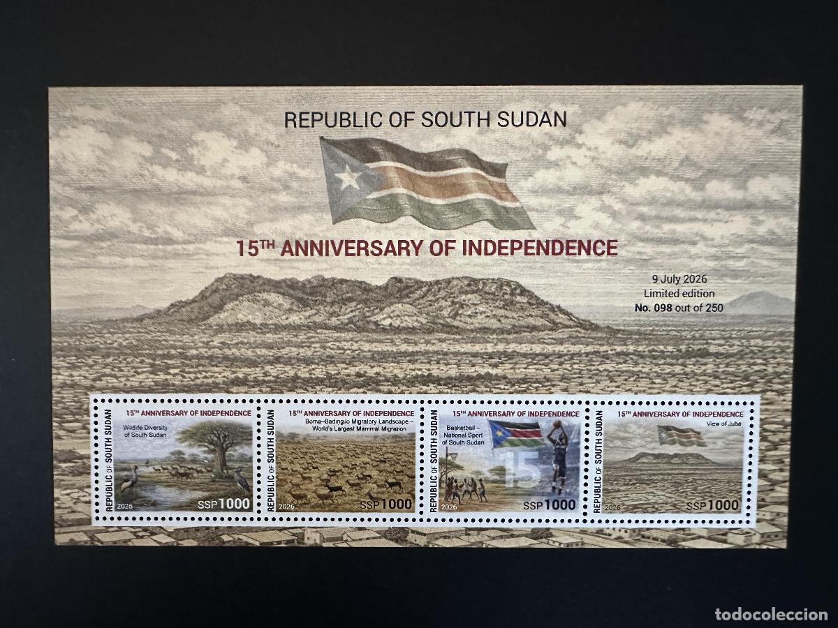 Sellos: Sud&aacute;n del Sur 2026 HB 15 aniv. independencia bandera fauna Juba