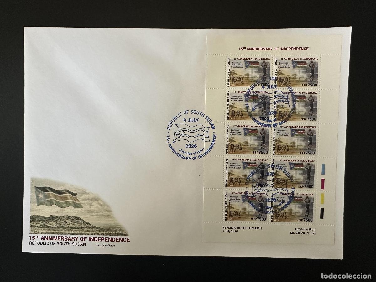 Sellos: Sud&aacute;n del Sur 2026 FDC HB 15&deg; aniversario independencia baloncesto bandera