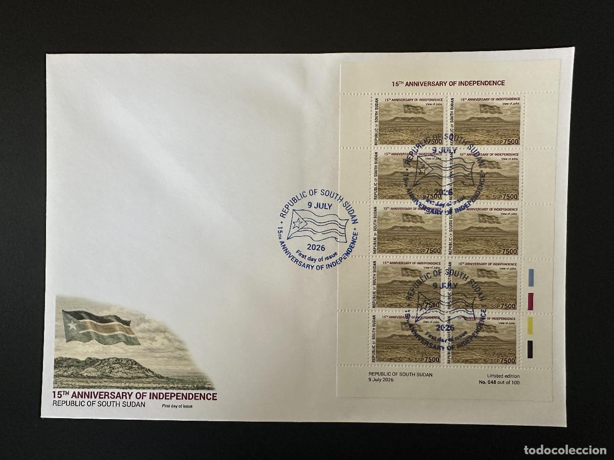 Sellos: Sud&aacute;n del Sur 2026 FDC HB 15 aniv. independencia bandera Juba