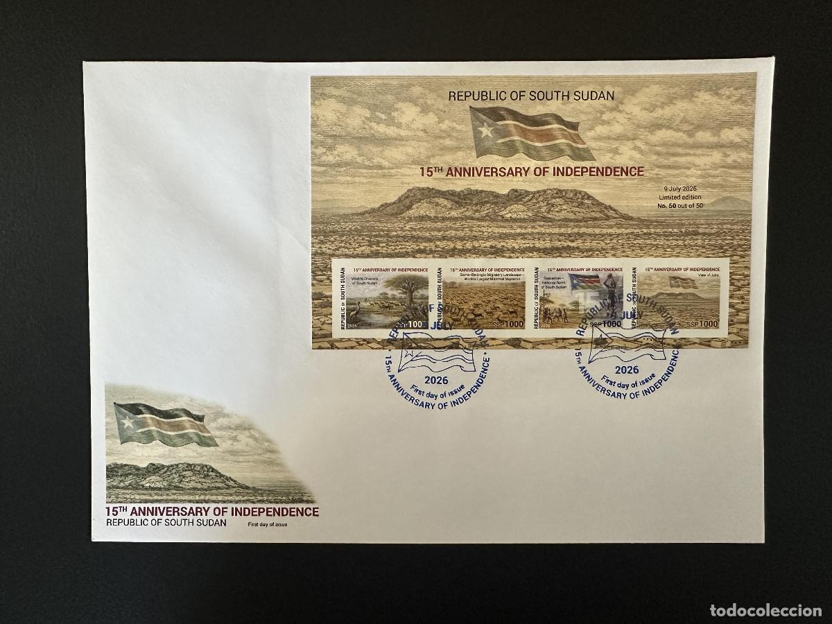 Sellos: Sud&aacute;n del Sur 2026 Bl. FDC ND 15 aniv. independencia bandera fauna deporte
