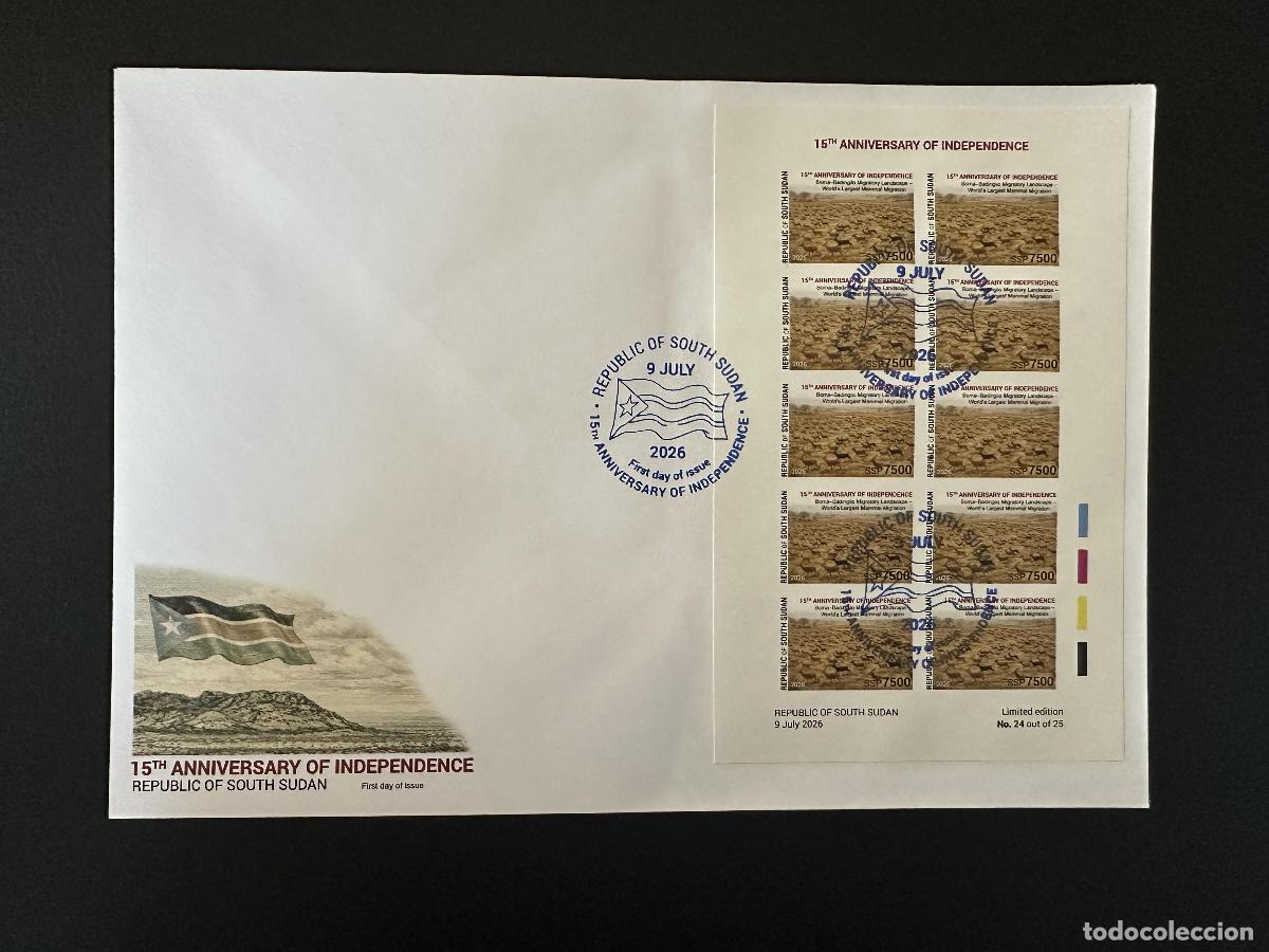 Sellos: Sud&aacute;n del Sur 2026 FDC M/S independencia migraci&oacute;n mam&iacute;feros sin perforar