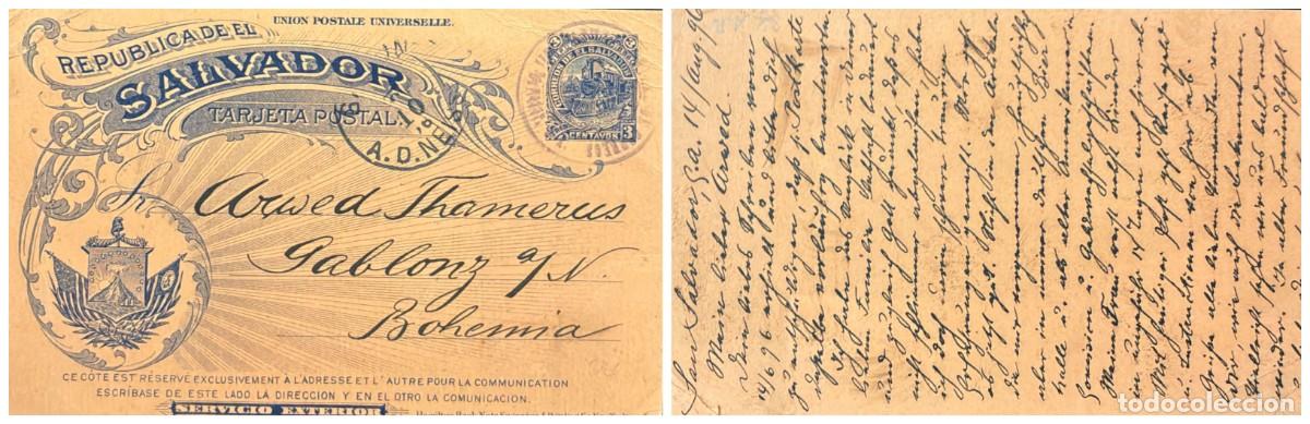 Sellos: O) 1896 EL SALVADOR, LOCOMOTIVE 3 centavos, UPU, POSTAL STATIONERY CIRCULATED TO BOHEMIA - CZECH REP