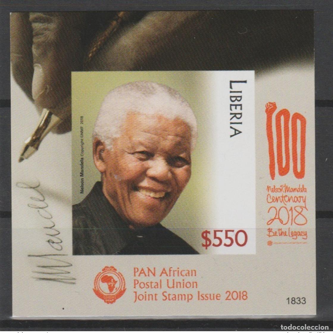 Sellos: Liberia 2018 Mi.? IMPERF ND S/S La Uni&oacute;n Postal Africana Nelson Mandela cumple 100 a&ntilde;os