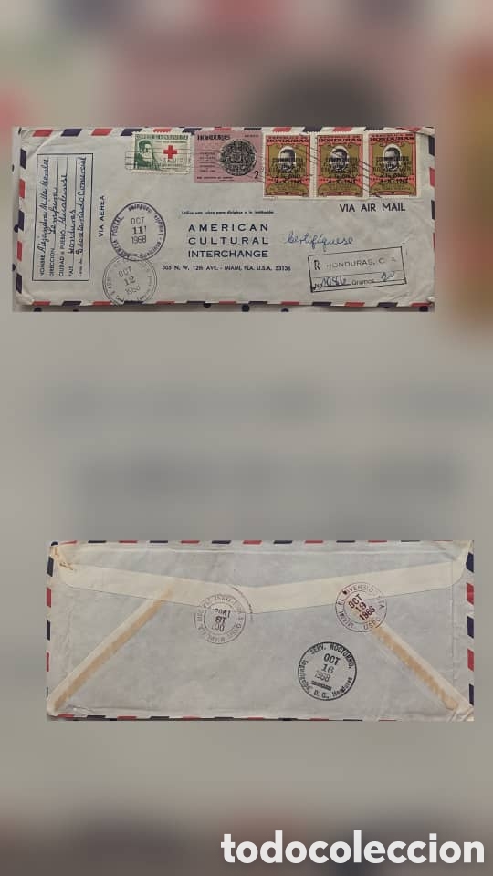 Sellos: CA)Honduras + 1968 + Cultural Exchange Airmail + Envelope postmarked October 11, 1968, with Honduran
