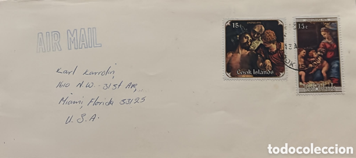 Sellos: CA)Cook Islands + 1960s + Airmail Correspondence + Envelope with two 15&cent; Cook Islands stamps depicti