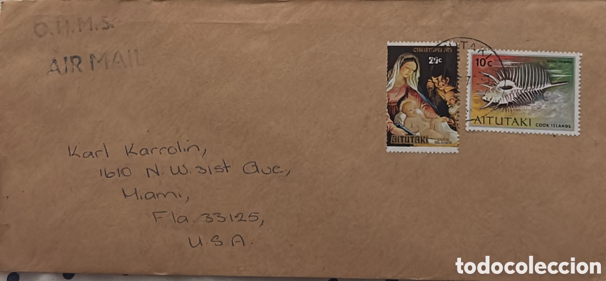 Sellos: CA)Cook Islands (Aitutaki) + 1975 + Christmas Airmail + Official envelope marked &ldquo;O.H.M.S.&rdquo; with two