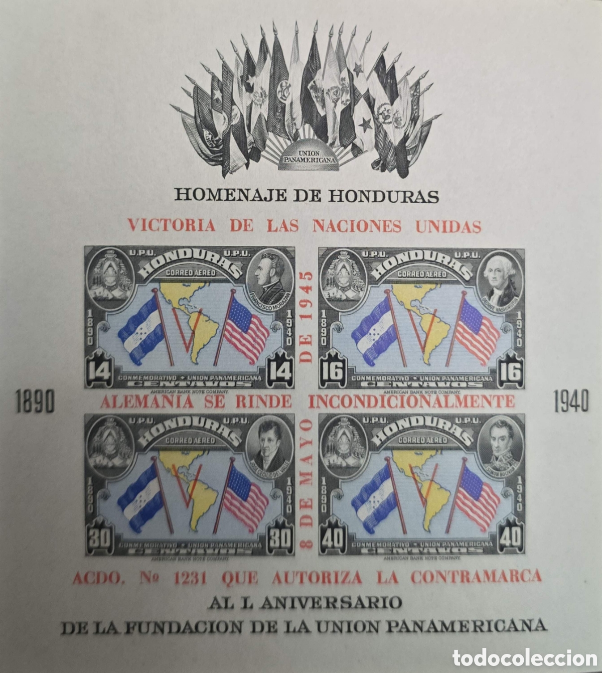 Sellos: CA)Honduras + 1945 + Pan-American Union Victory + Commemorative sheet &ldquo;Homenaje de Honduras&rdquo; with fo