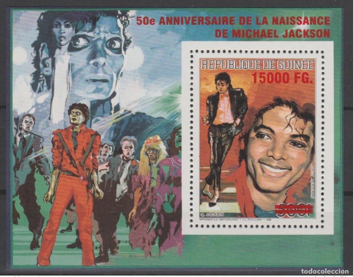 Sellos: Guinea 2008 Mi. Bl. 1651 m&uacute;sica sobrecargada del 50 aniversario de Michael Jackson