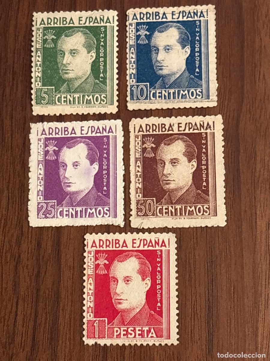 Sellos: GUERRA CIVIL &ndash; FALANGE &ndash; JOS&Eacute; ANTONIO &ndash; &iexcl;ARRIBA ESPA&Ntilde;A! &ndash; SERIE COMPLETA 5 VALORES &ndash; FOURNIER