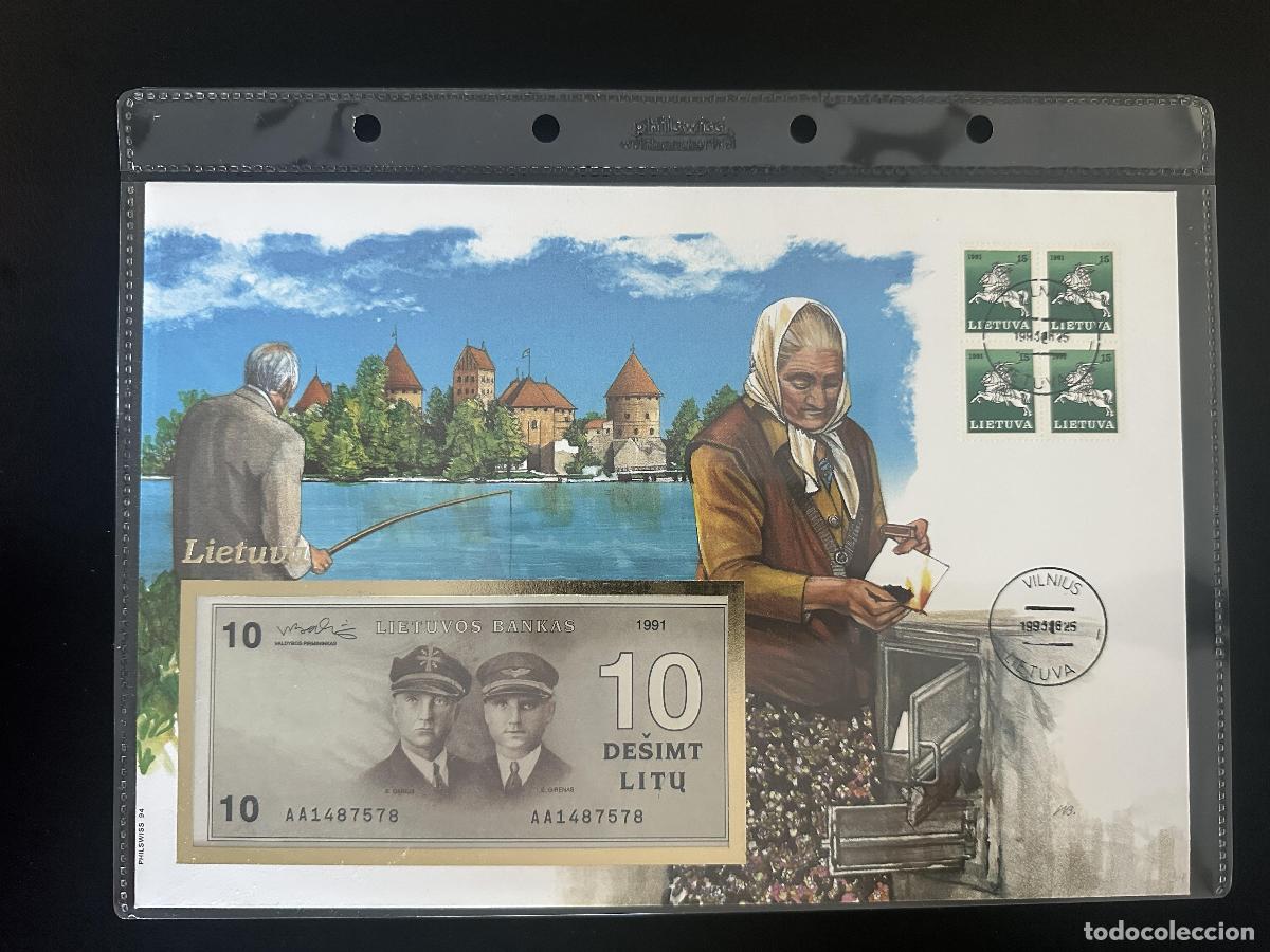 Sellos: Lituania sobre numism&aacute;tico Philswiss 10 Litu 1991 Vilnius