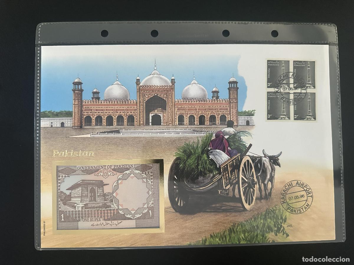 Sellos: Pakist&aacute;n sobre numism&aacute;tico Philswiss 1996 billete 1 Rupia Karachi