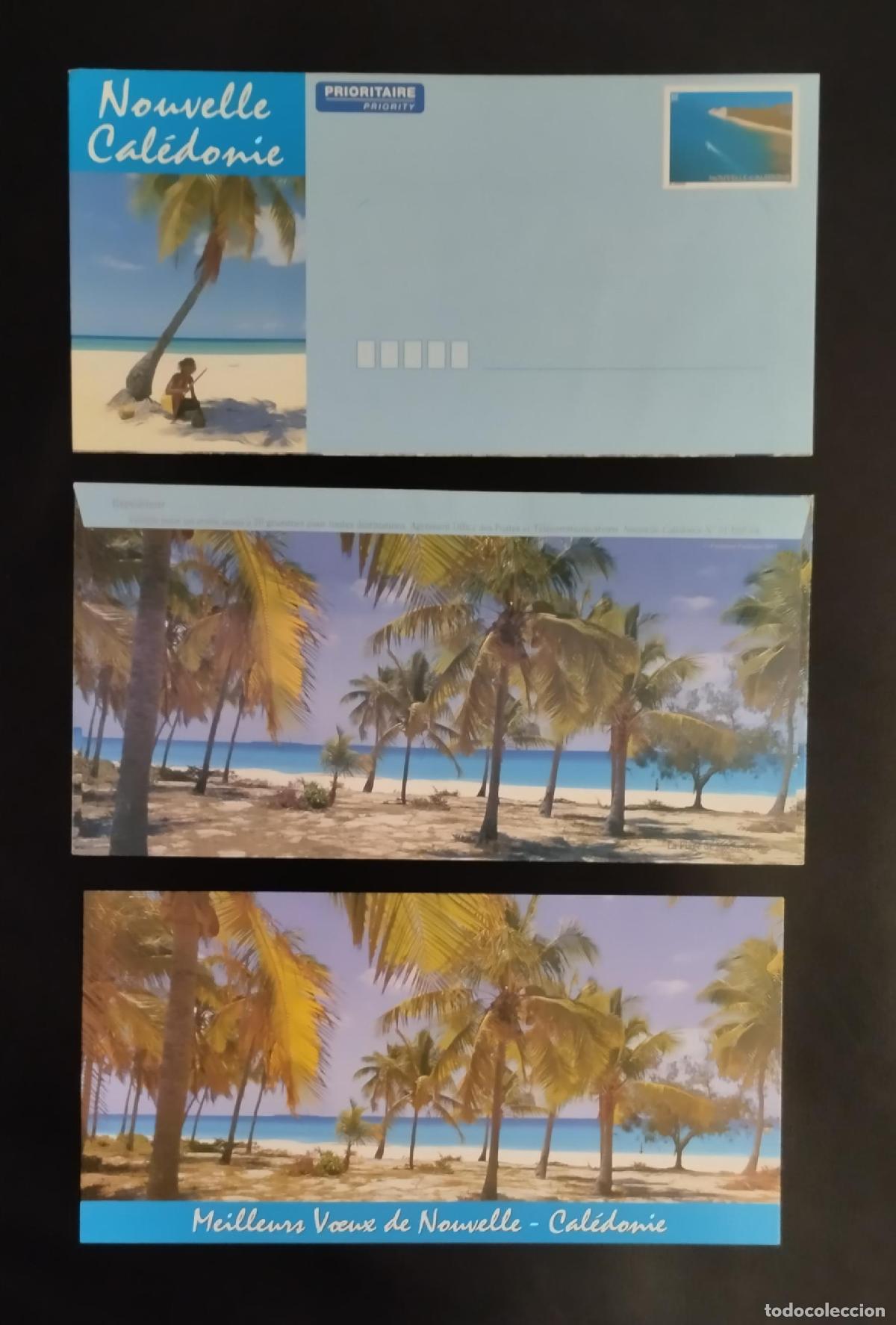 Sellos: Nueva Caledonia: postal completo ilustrado prioridad palmeras playa
