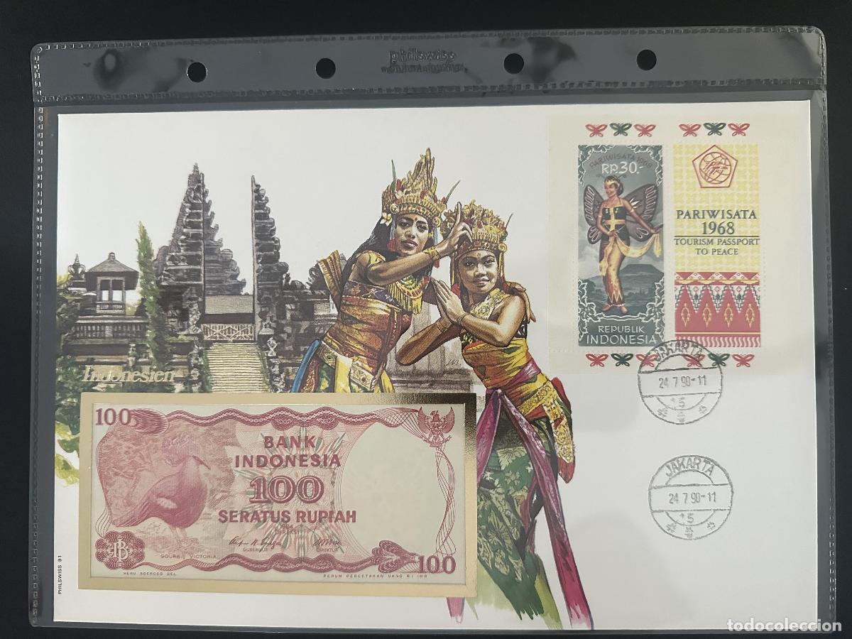 Selos: Indonesia sobre numism&aacute;tico Philswiss billete 100 Rupiah Jakarta 1990