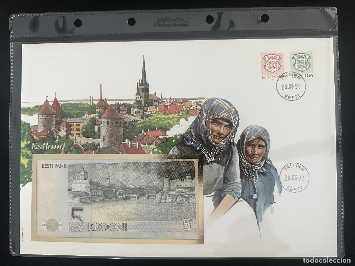 Sellos: Estonia sobre numism&aacute;tico Philswiss 1992 billete 5 Krooni