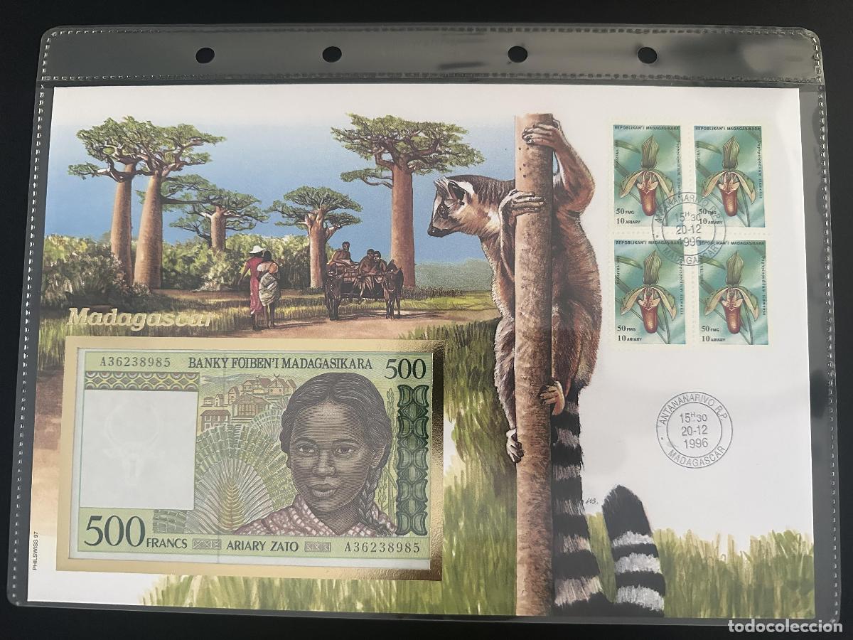 Sellos: Madagascar sobre numism&aacute;tico 500 Francos sellos orqu&iacute;deas 1996