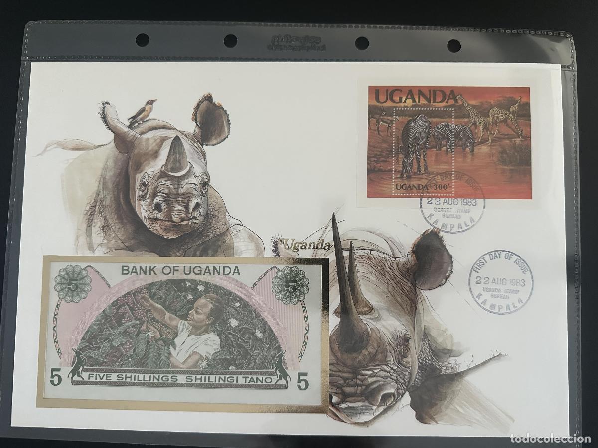 Sellos: Uganda 1983 FDC bloque fauna rinocerontes cebras billete 5 chelines