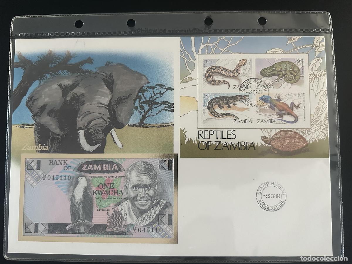 Sellos: Zambia 1984 Reptiles bloque FDC matasellado Ndola billete 1 Kwacha