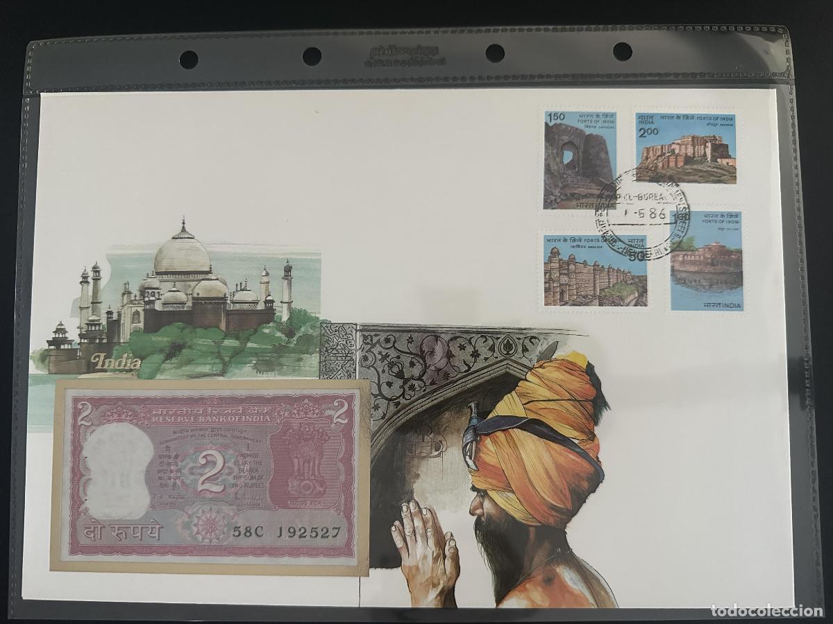 Francobolli: India sobre numism&aacute;tico billete 2 rupias sellos especiales 1986