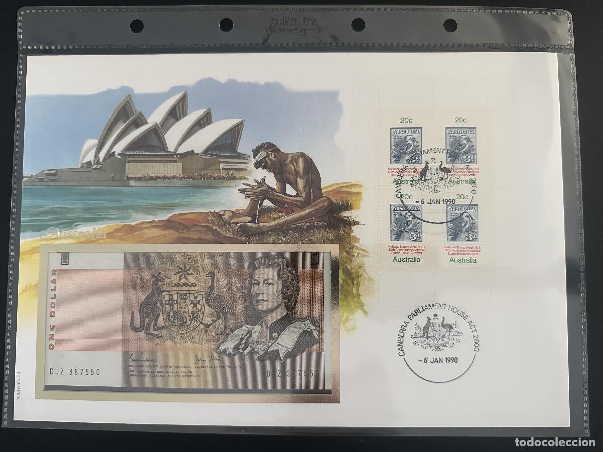 Stamps: Australia sobre numism&aacute;tico 1 D&oacute;lar billete sellos 20c 1990