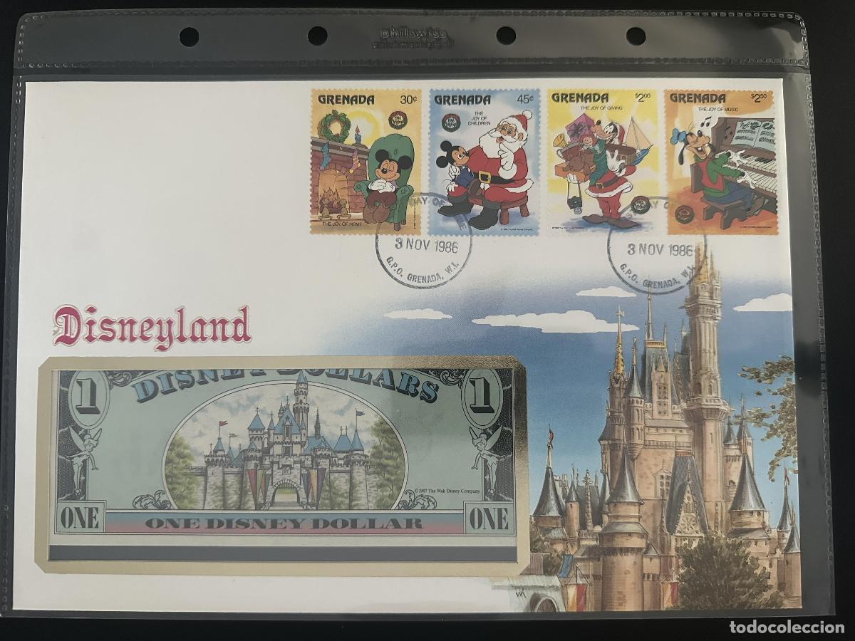 Sellos: Granada 1986 FDC Disney Navidad Disneyland billete 1 D&oacute;lar