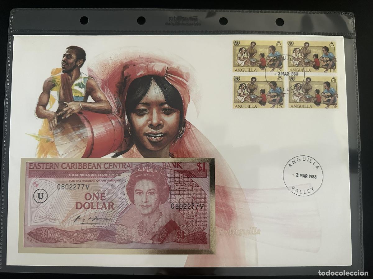 Selos: Anguilla 1988 sobre numism&aacute;tico billete 1 d&oacute;lar Caribe