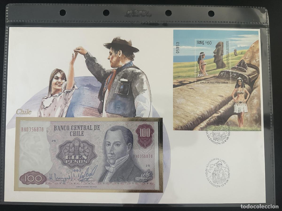 Selos: Chile sobre numism&aacute;tico billete 100 Pesos 1983 bloque Isla de Pascua