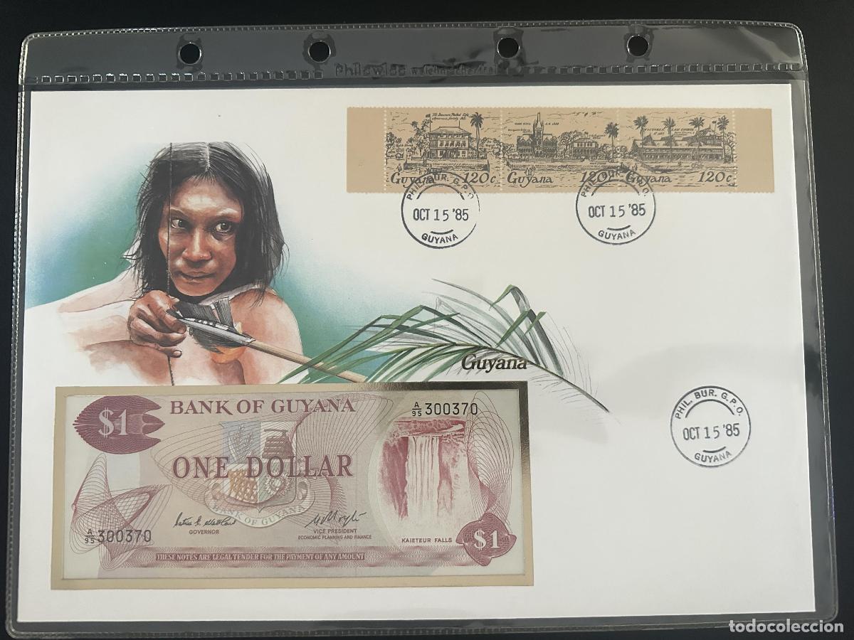 Selos: Guyana 1985 sobre numism&aacute;tico FDC billete 1 d&oacute;lar sellos 120c