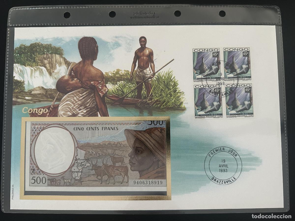 Sellos: Congo Brazzaville sobre numism&aacute;tico FDC 1993 billete 500 francos