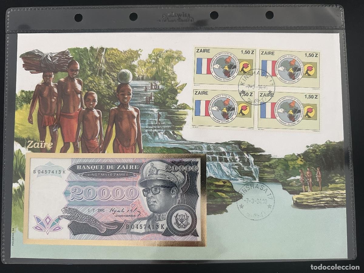 Sellos: Zaire sobre numism&aacute;tico Philswiss billete 20000 zaires 1991