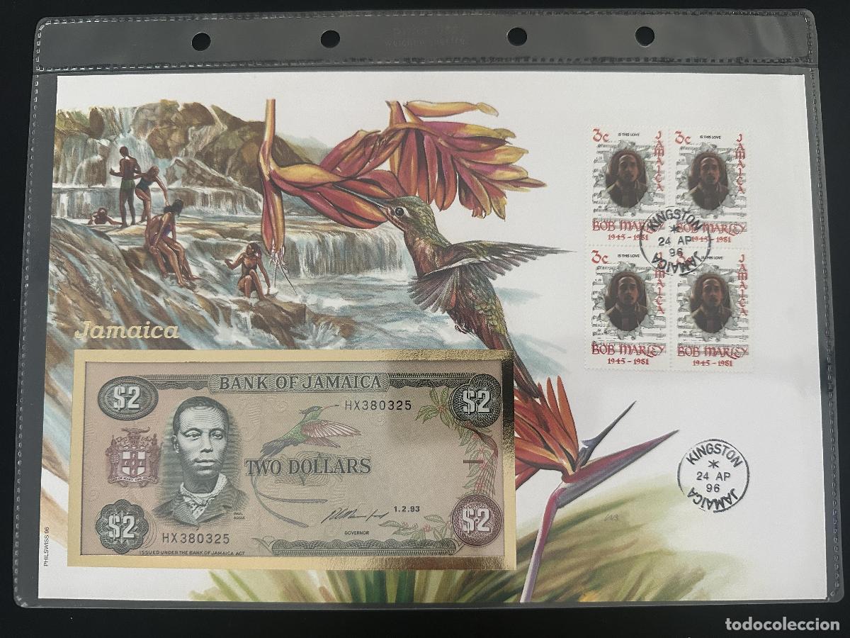 Sellos: Jamaica Bob Marley 1996 sobre numism&aacute;tico billete 2 D&oacute;lares