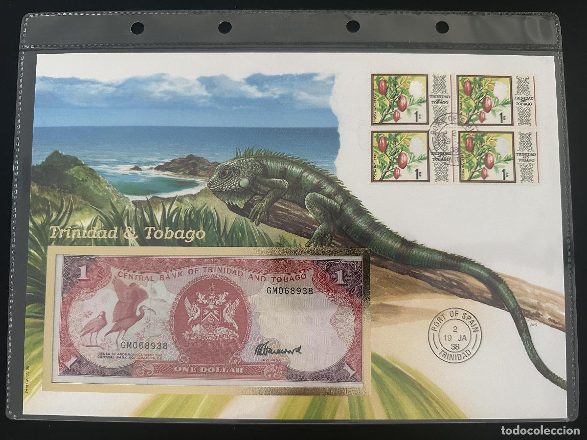 Sellos: Trinidad Tobago sobre numism&aacute;tico billete 1 d&oacute;lar sellos 1988