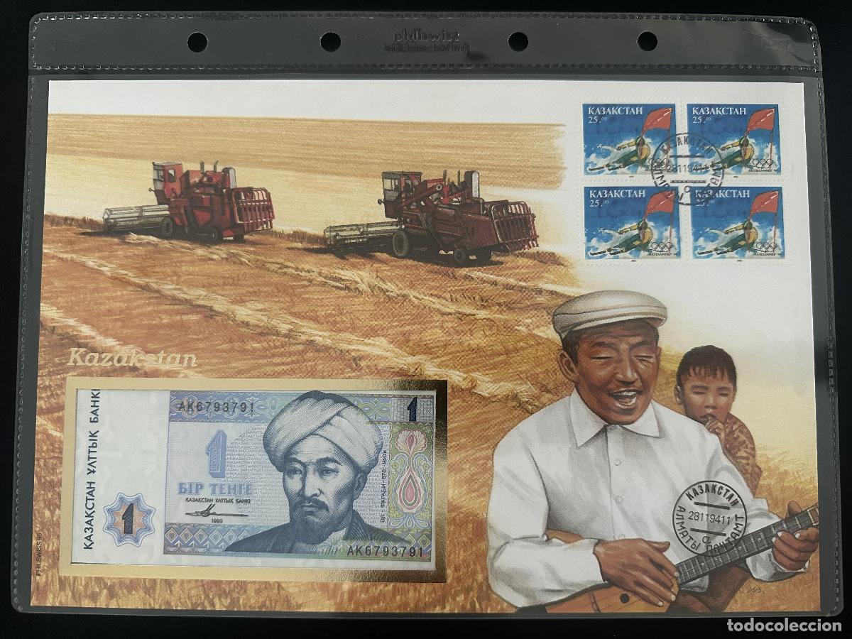 Sellos: Kazajist&aacute;n sobre numism&aacute;tico billete 1 Tenge 1993 sellos