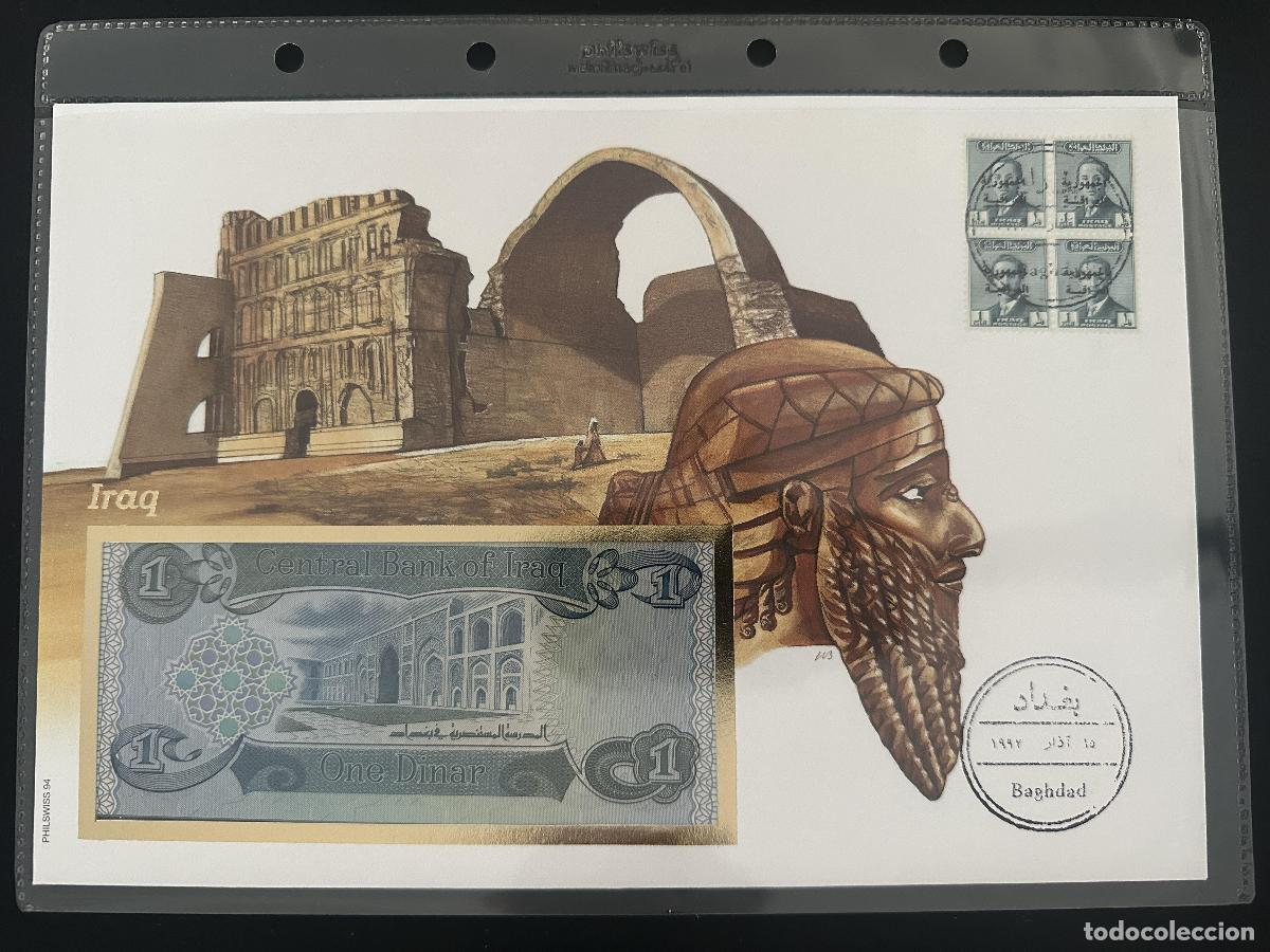 Sellos: Irak sobre numism&aacute;tico PhilSwiss billete 1 Dinar Bagdad 1992