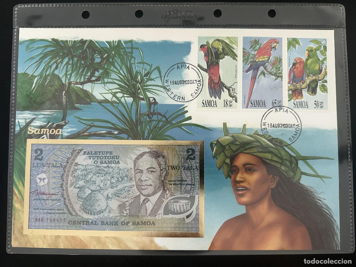 Briefmarken: Samoa sobre numism&aacute;tico billete 2 Tala sellos loros 1993