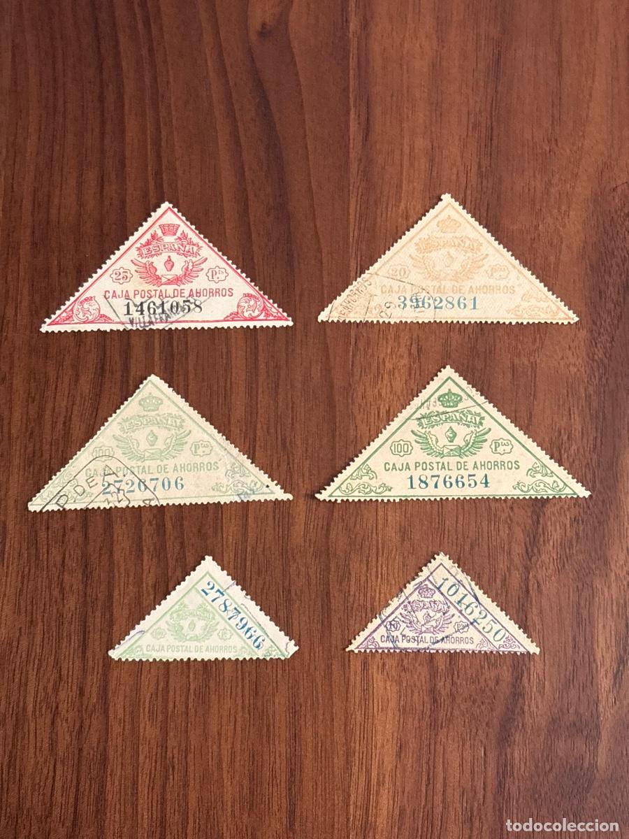 Sellos: CAJA POSTAL DE AHORROS ESPA&Ntilde;A &ndash; 6 SELLOS TRIANGULARES &ndash; 5, 25, 50, 100, 200 Y 500 PTAS