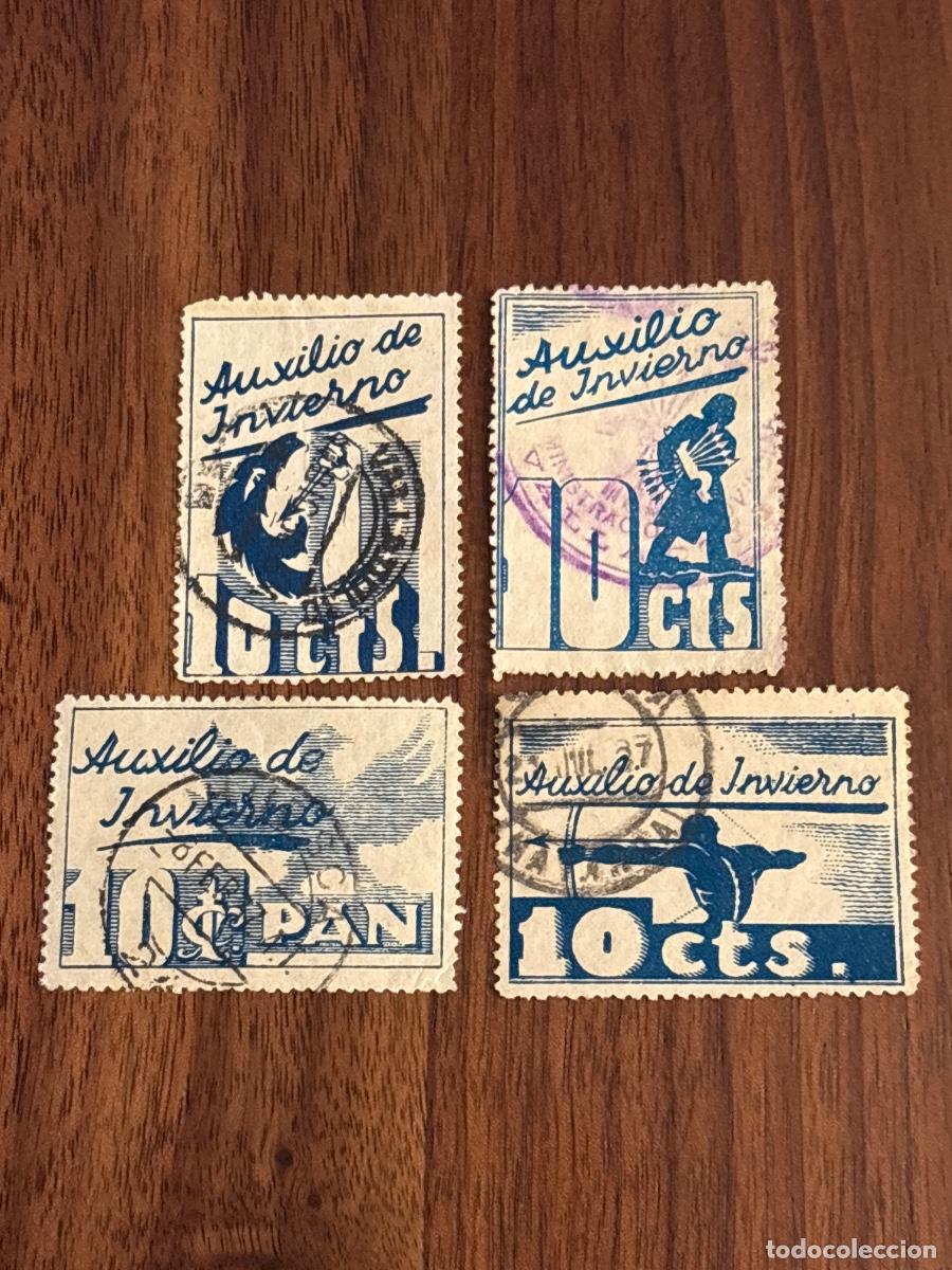 Sellos: AUXILIO DE INVIERNO &ndash; GUERRA CIVIL ESPA&Ntilde;OLA &ndash; 4 VI&Ntilde;ETAS 10 CTS &ndash; FALANGE &ndash; LOTE