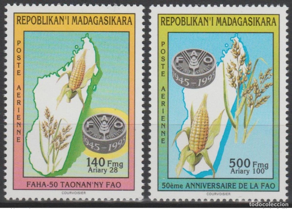 Sellos: Madagascar 1995 Mi. 1792 1793 50&ordm; aniversario de la FAO y OMM Mapa principal