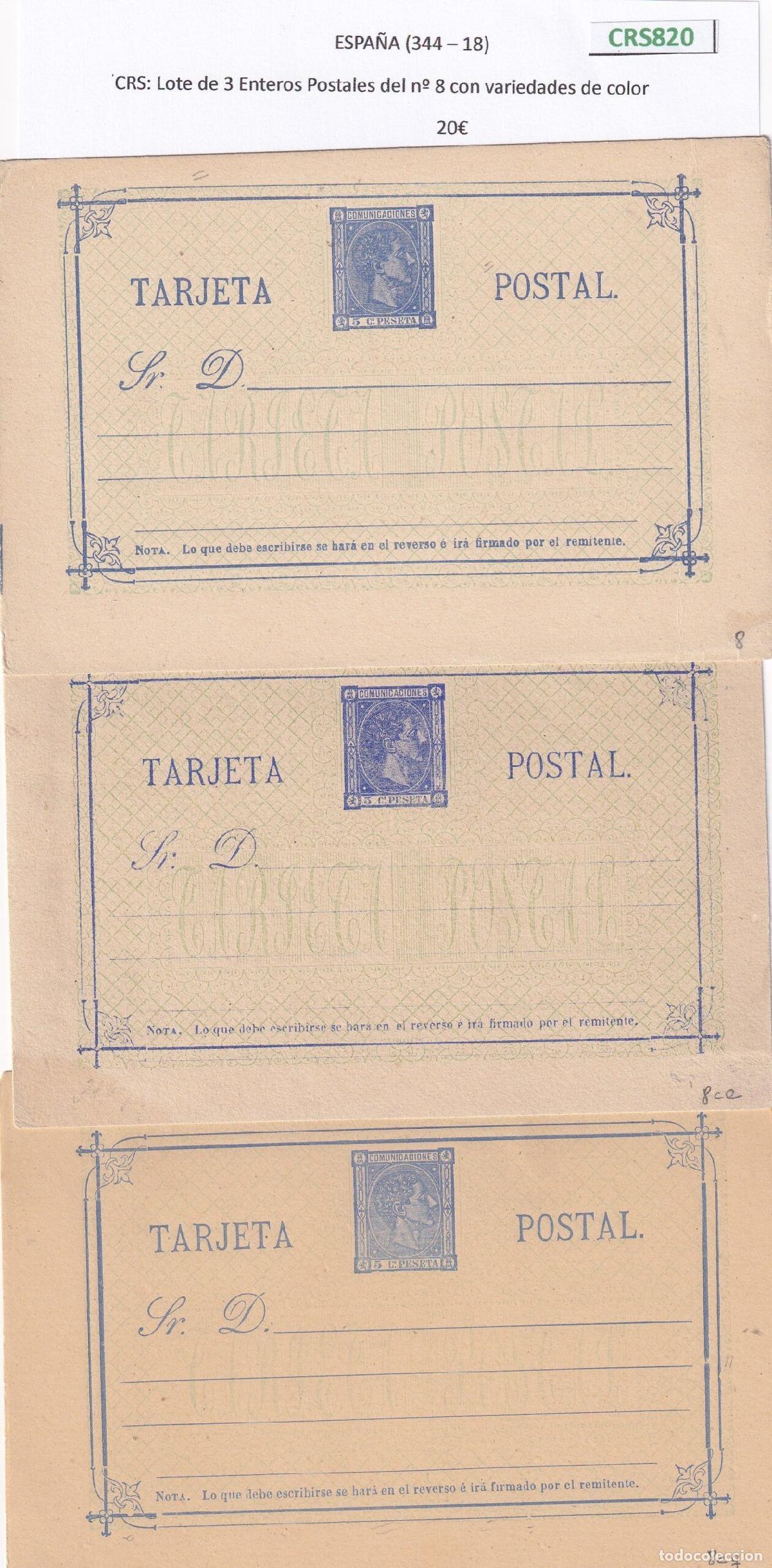 Sellos: CRS0820 Lote de 3 Enteros Postales del n&ordm; 8 con variedades de color