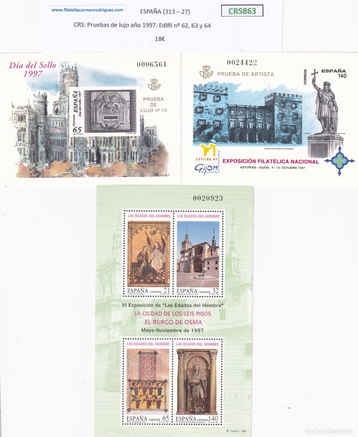 Sellos: CRS0863 SELLO ESPA&Ntilde;A Pruebas de lujo a&ntilde;o 1997. Edifil n&ordm; 62, 63 y 64