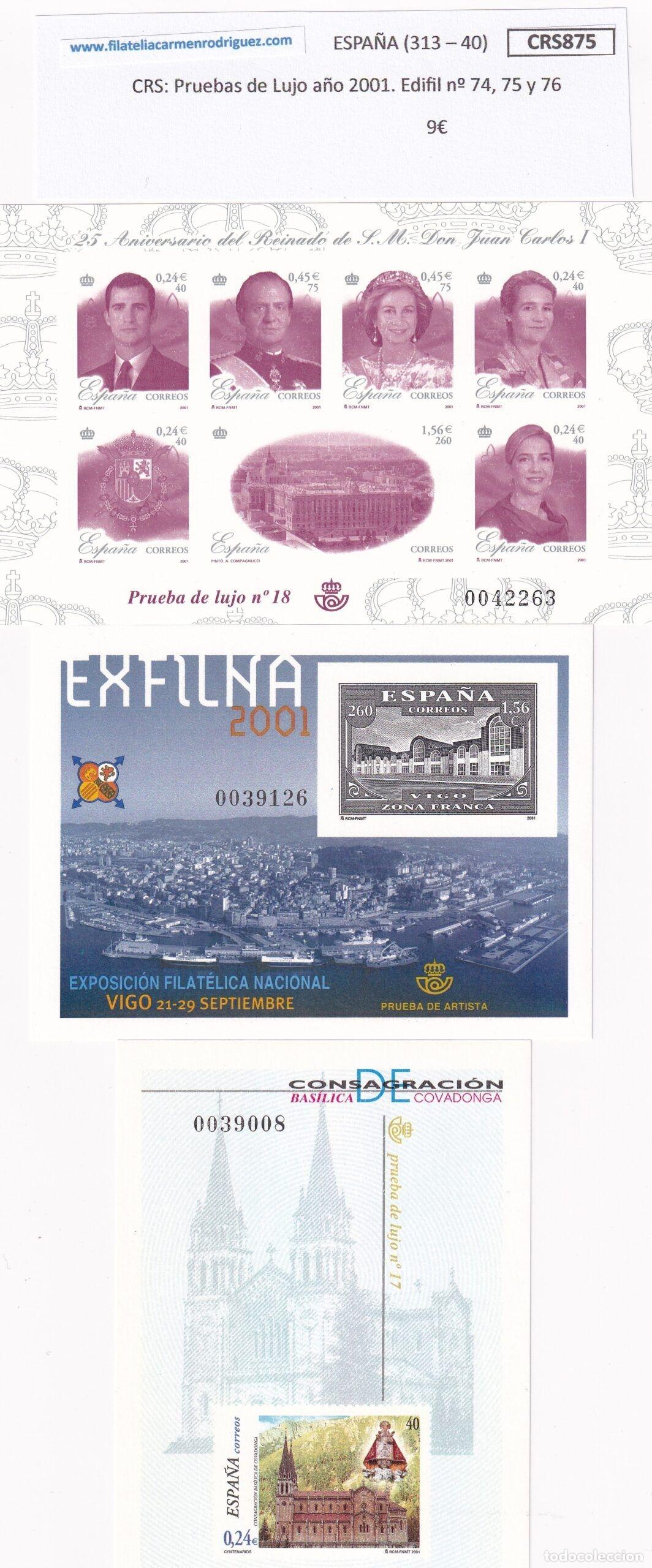 Sellos: CRS0875 SELLO ESPA&Ntilde;A Pruebas de Lujo a&ntilde;o 2001. Edifil n&ordm; 74, 75 y 76