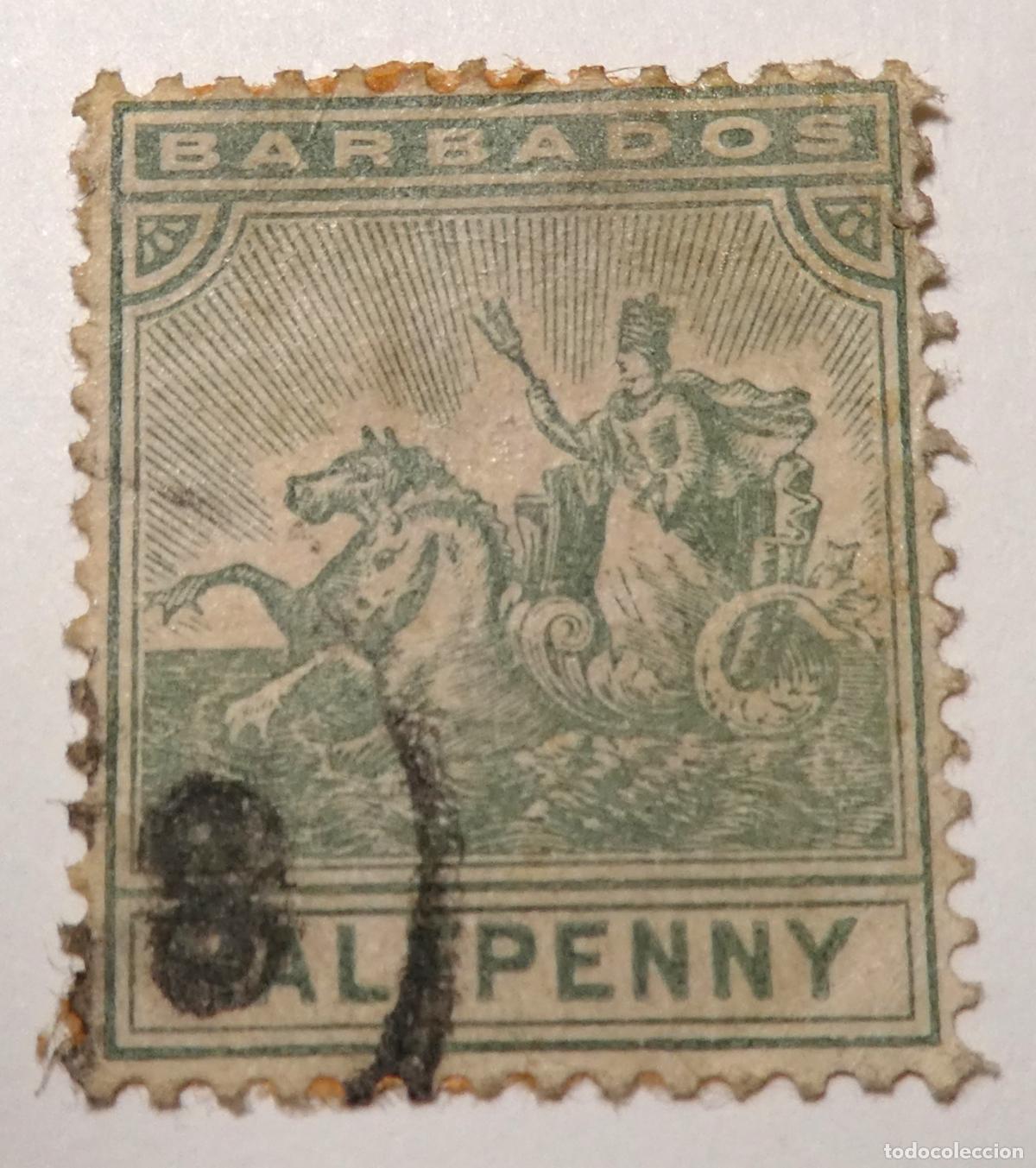 Sellos: Sello postal de la Colonia Inglesa de Barbados &frac12; penique 1905, Britania en un carro marino