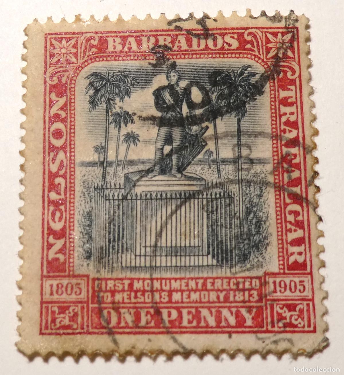 Sellos: Sello postal de la Colonia Inglesa de Barbados un penique 1906, Lord Nelson erigido en Bridgetown