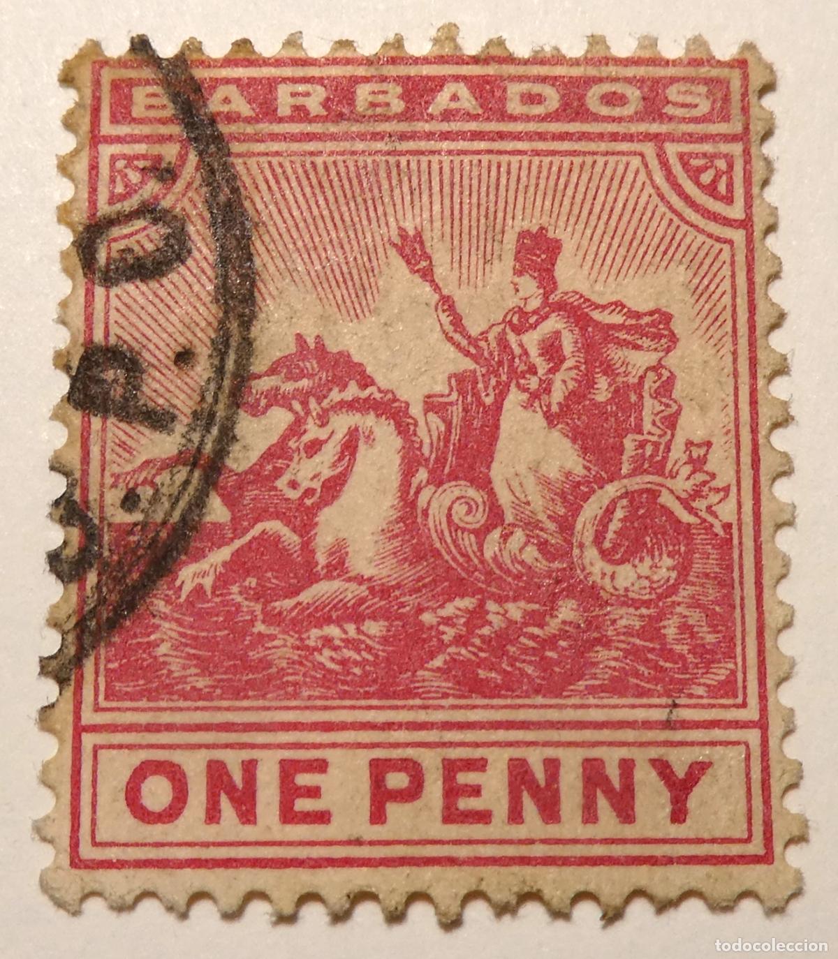 Sellos: Sello postal de la Colonia Inglesa de Barbados un penique 1905, Britania en su carro marino