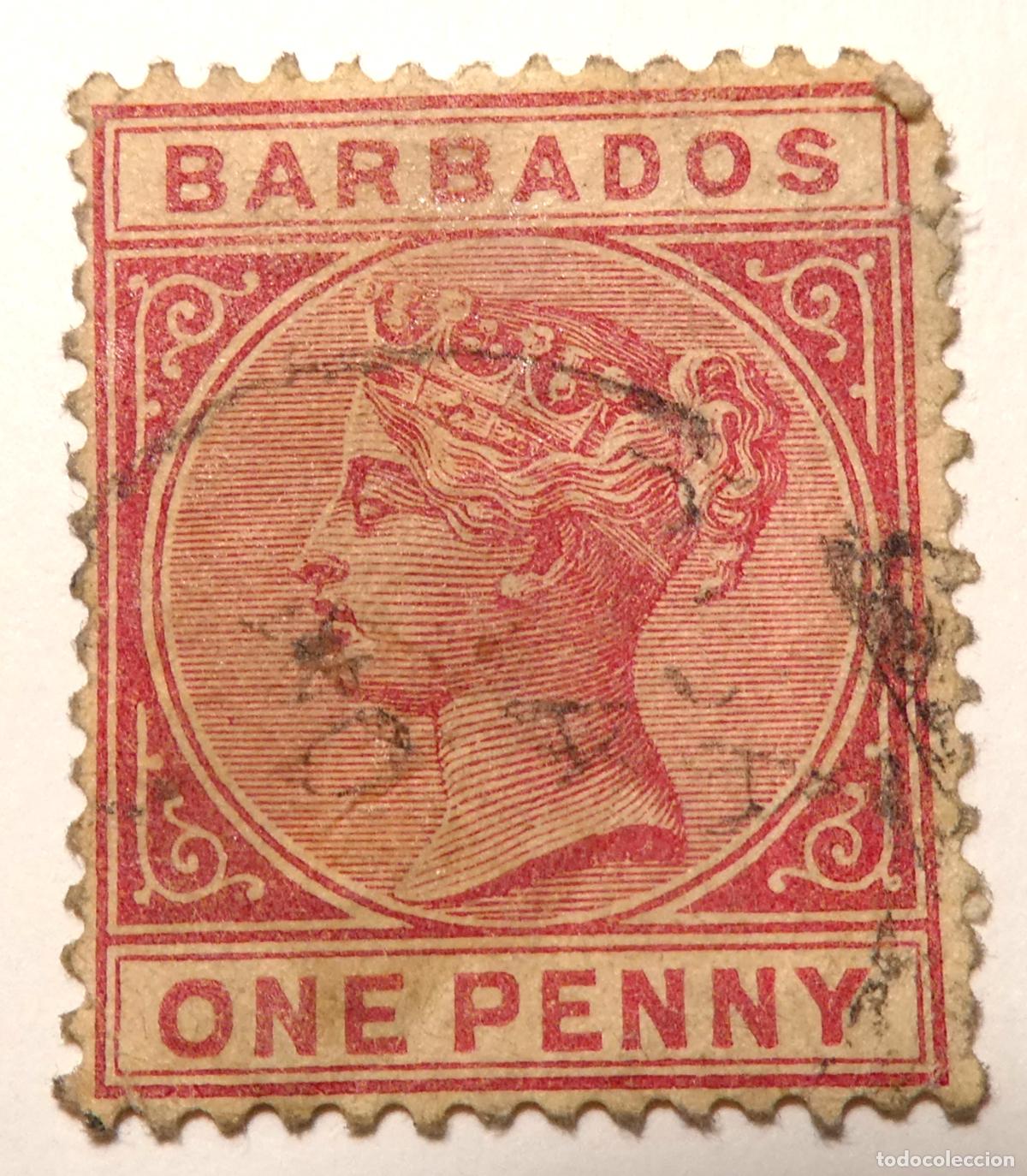 Sellos: Sello postal de la Colonia Inglesa de Barbados un penique 1882, de la Reina Victoria