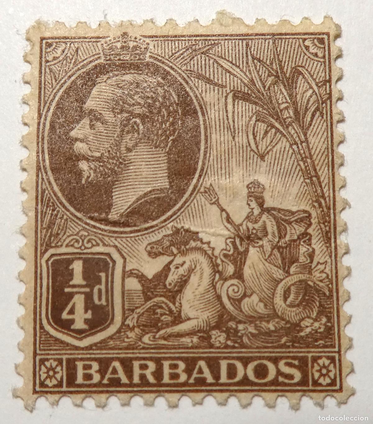 Sellos: Sello postal de la Colonia Inglesa de Barbados 1/4d ,un cuarto de penique 1912 , rey Jorge V