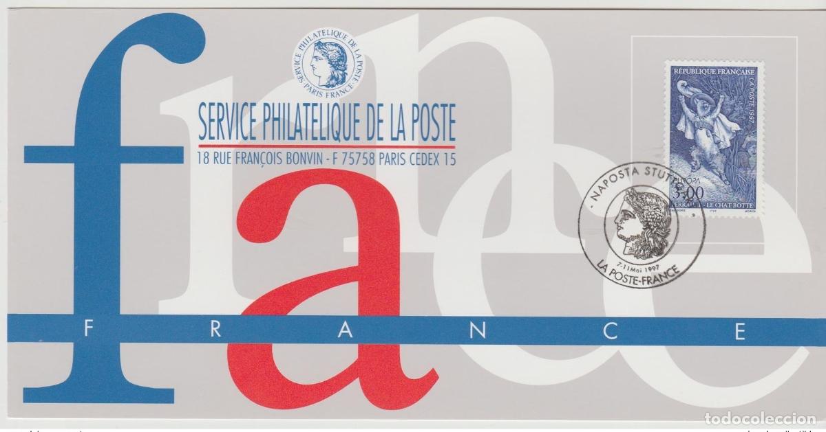 Sellos: 149 Mapa oficial Exposici&oacute;n Naposta Stuttgart 1997 Francia FDC El gato con botas