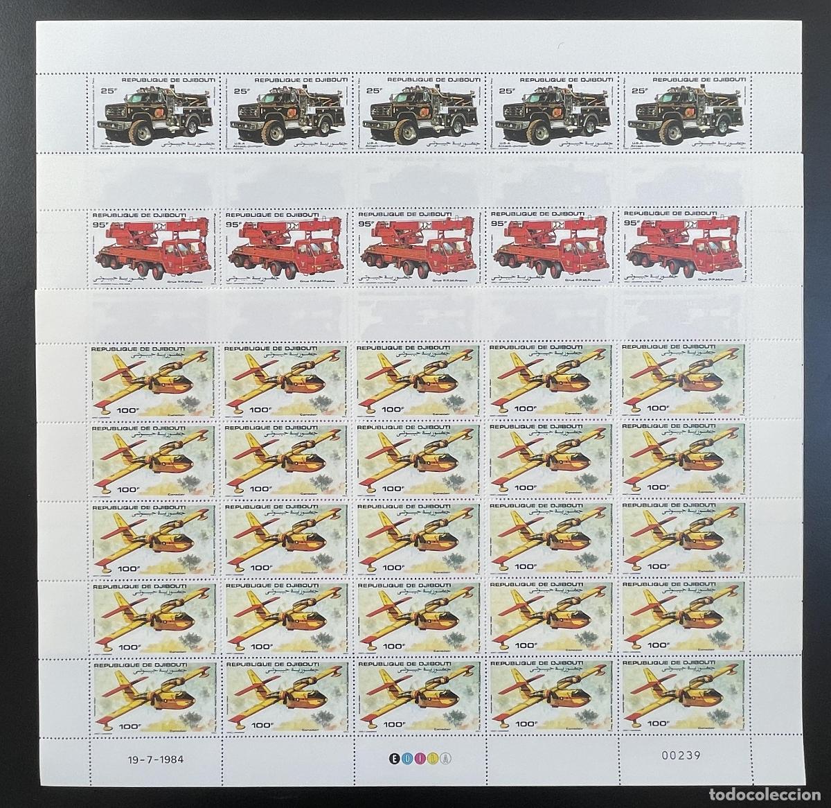 Sellos: Yibuti 1984 YT 587-589 bloque bomberos cami&oacute;n incendio Canadair