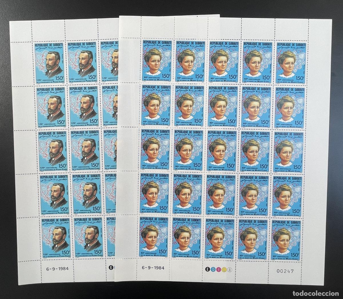 Sellos: Yibuti 1984 YT 594-595 bloque Pierre Marie Curie ciencia Nobel