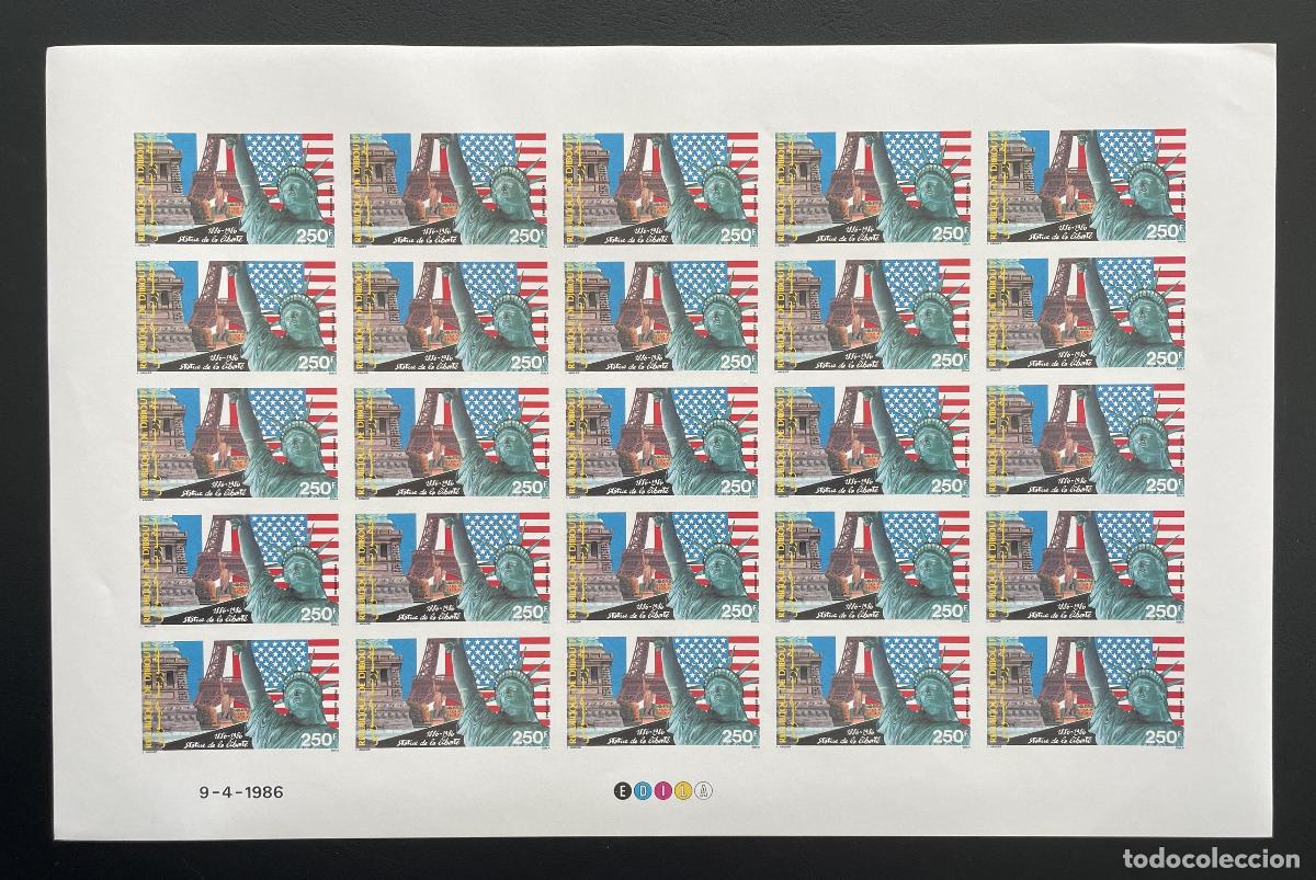 Briefmarken: Yibuti 1986 YT PA 226 ND bloque Estatua Libertad USA bandera Torre Eiffel