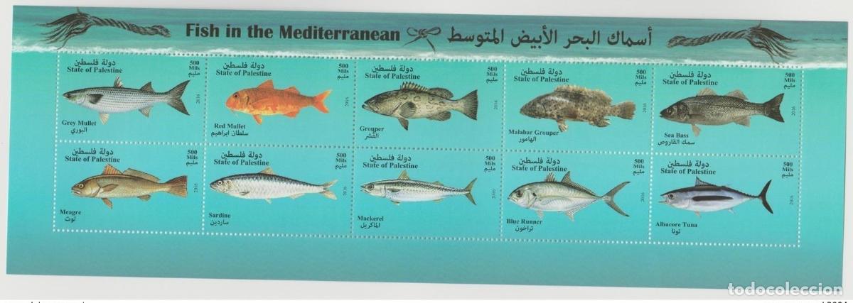 Briefmarken: Palestina EUROMED 2016 Emisi&oacute;n conjunta FISH MEDITERRANEAN SEA Fisch